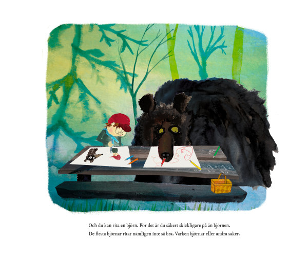 Illustration af Linda Bondestam fra billedbogen, "Hvis du møder en bjørn"