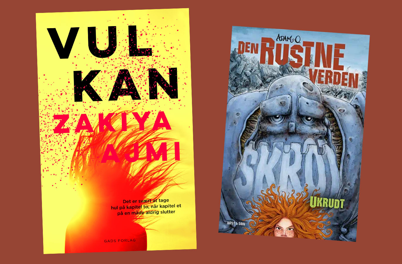 Bogomslag til de nominerede: 'Vulkan' og 'Den Rustne Verden'.